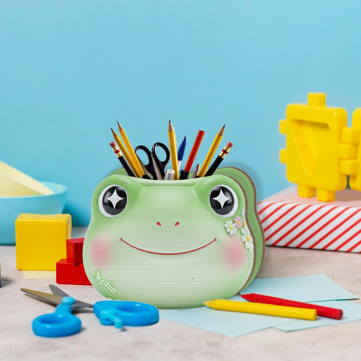 Cute Frog - Personalized Frog Wooden Pen Holder