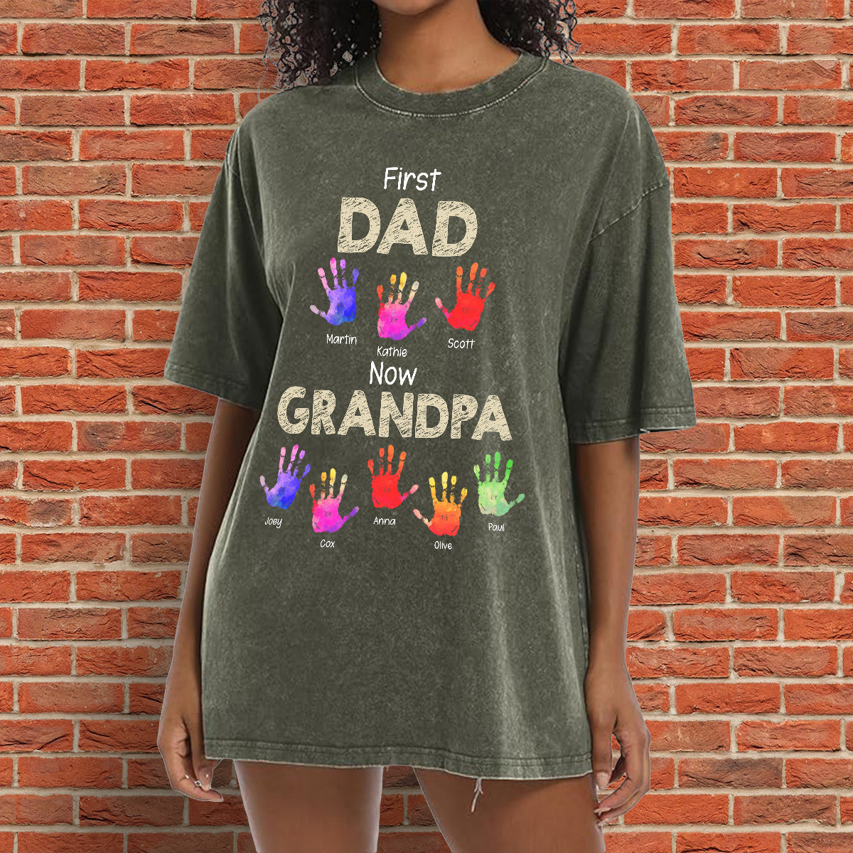 First Dad Now Grandpa Handprints - Personalized Grandpa Wash T-Shirt