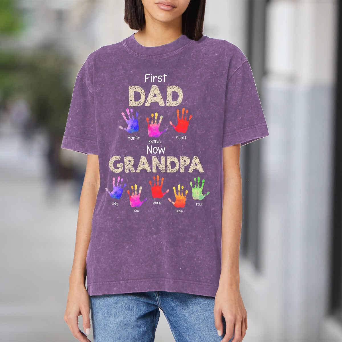 First Dad Now Grandpa Handprints - Personalized Grandpa Wash T-Shirt