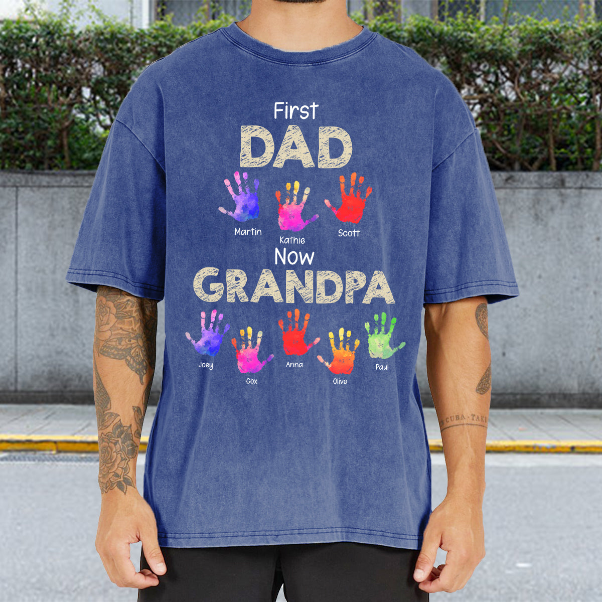 First Dad Now Grandpa Handprints - Personalized Grandpa Wash T-Shirt