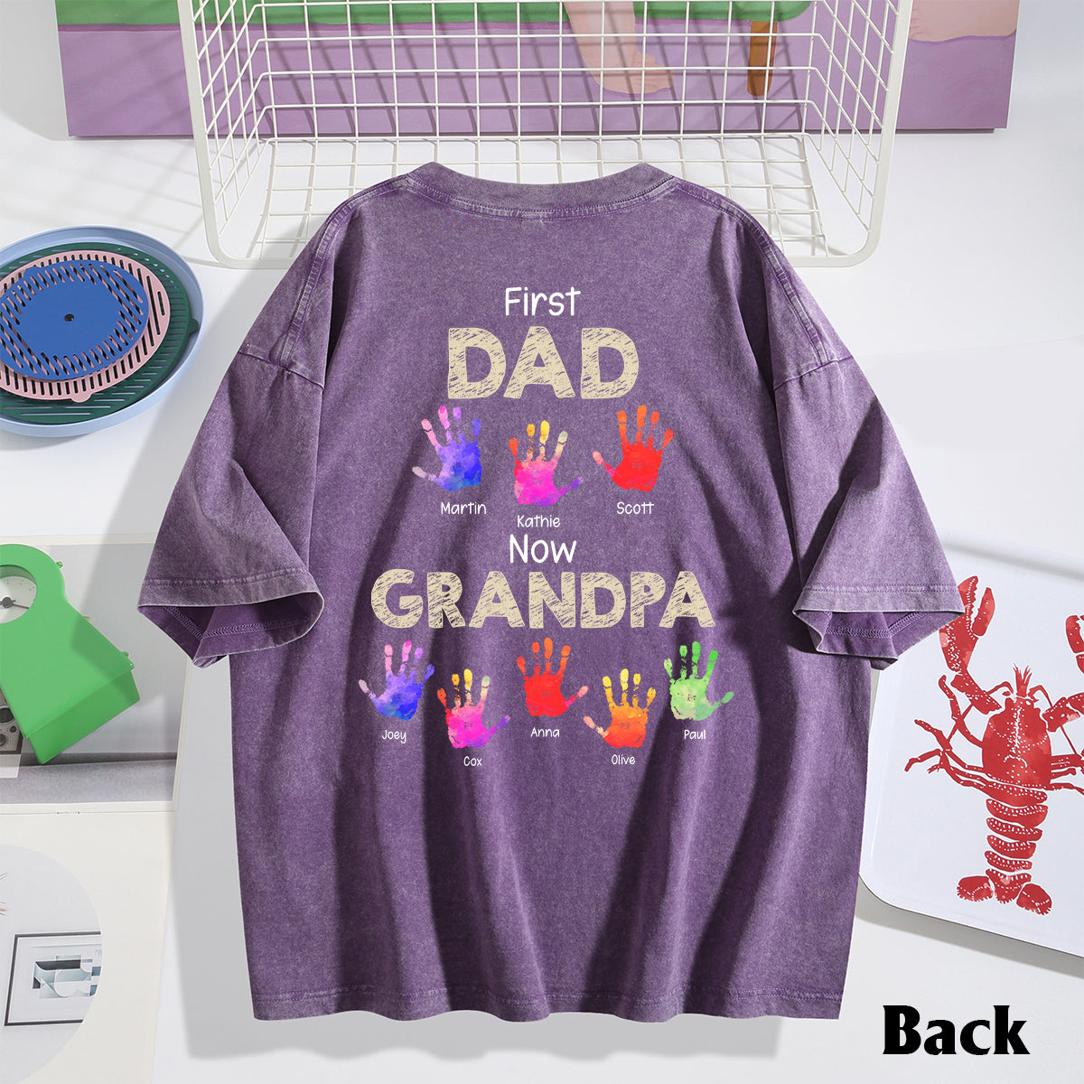 First Dad Now Grandpa Handprints - Personalized Grandpa Wash T-Shirt