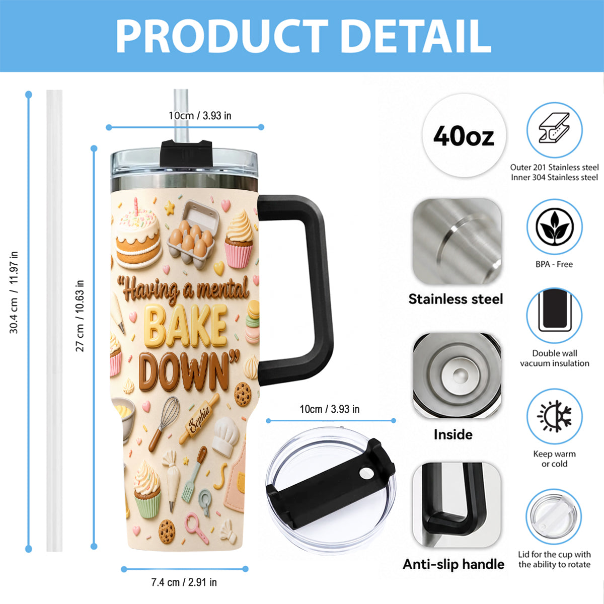 Having A Mental Bake Down - Personalized Baking Tumbler With Plush Charm