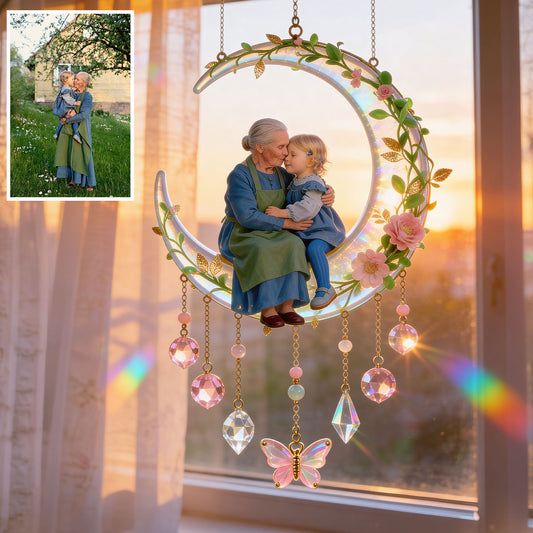 Love You To The Moon, Mother's Grandma Gift - Personalized Mother Window Hanging Suncatcher With Charms