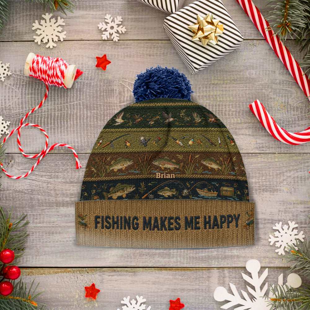 Fishing Makes Me Happy - Personalized Fishing Beanie Hat