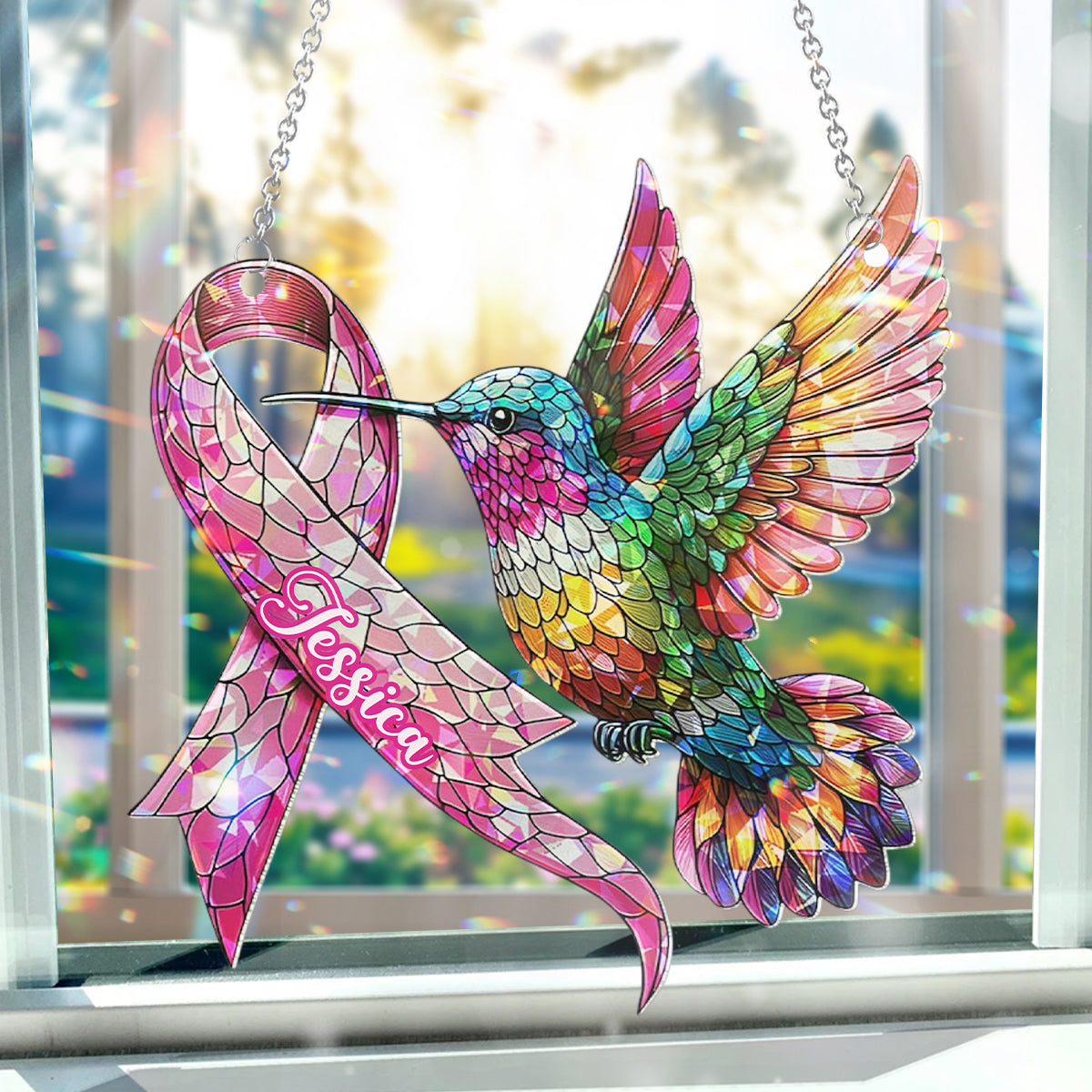 Hummingbird Breast Cancer Awareness - Personalized Breast Cancer Awareness Window Hanging Suncatcher Ornament