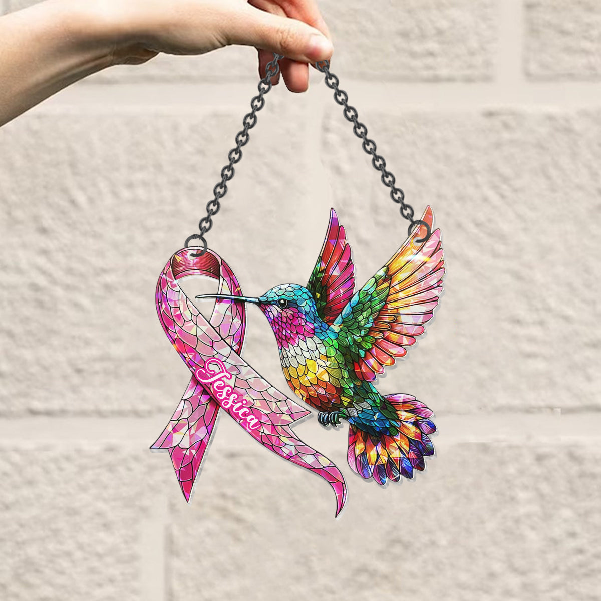 Hummingbird Breast Cancer Awareness - Personalized Breast Cancer Awareness Window Hanging Suncatcher Ornament