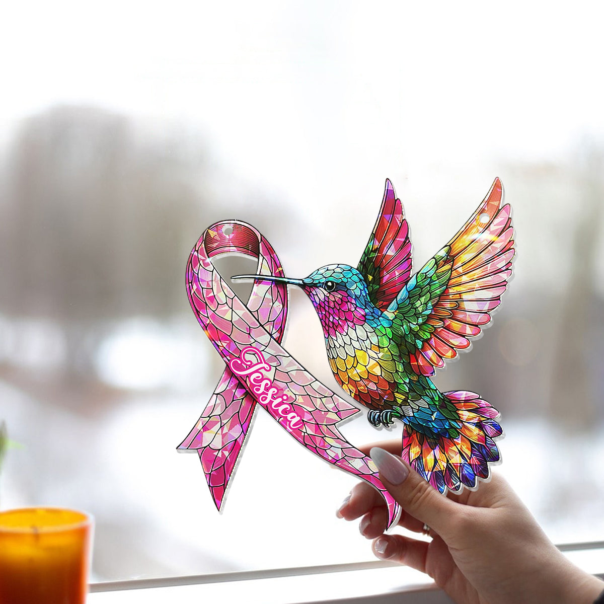 Hummingbird Breast Cancer Awareness - Personalized Breast Cancer Awareness Window Hanging Suncatcher Ornament