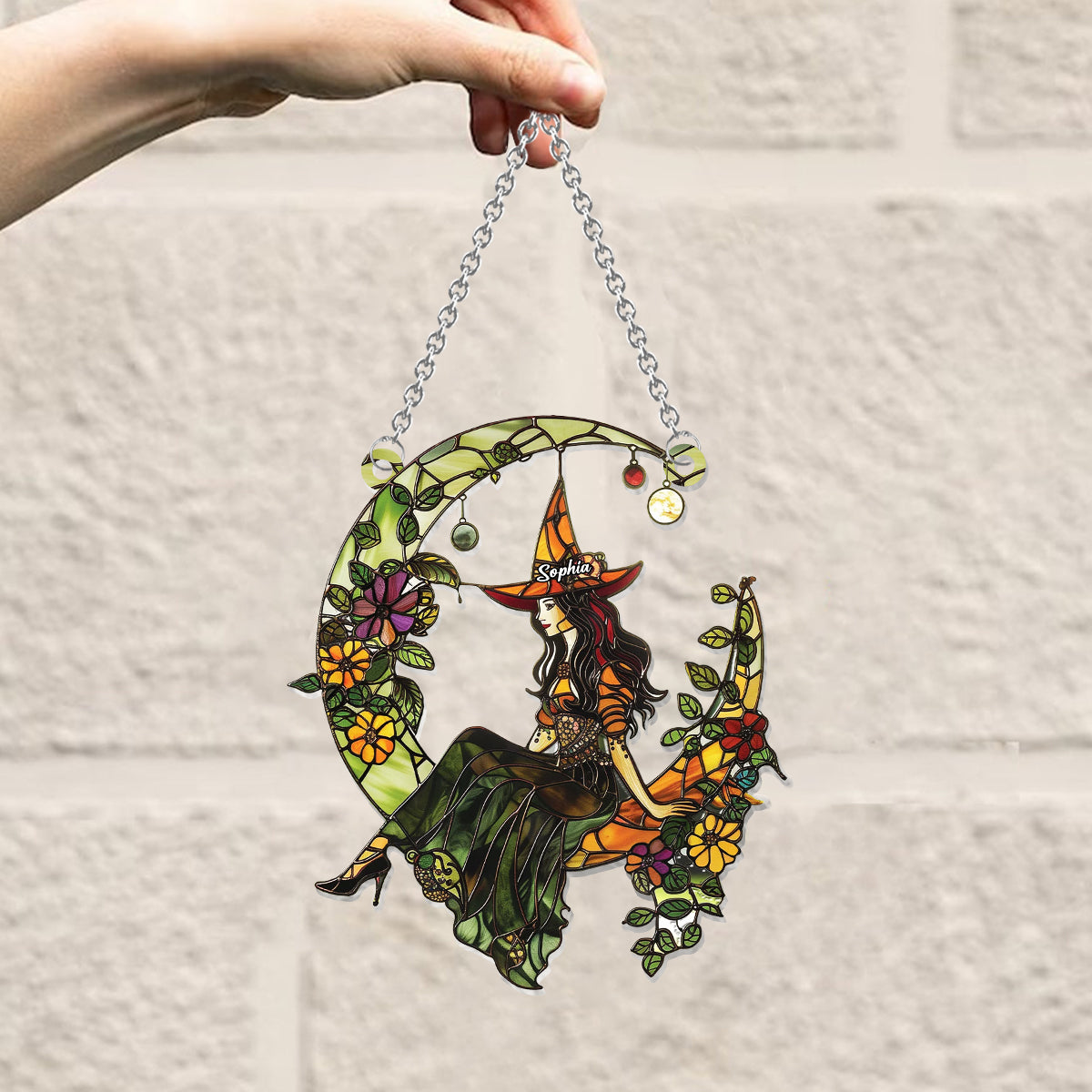 Witch And Moon - Personalized Witch Window Hanging Suncatcher Ornament