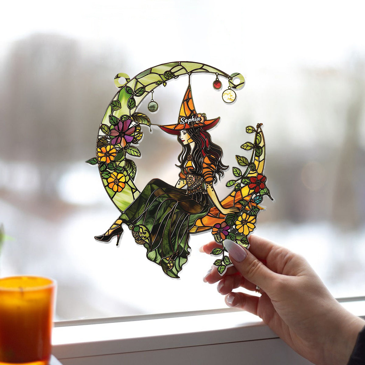 Witch And Moon - Personalized Witch Window Hanging Suncatcher Ornament