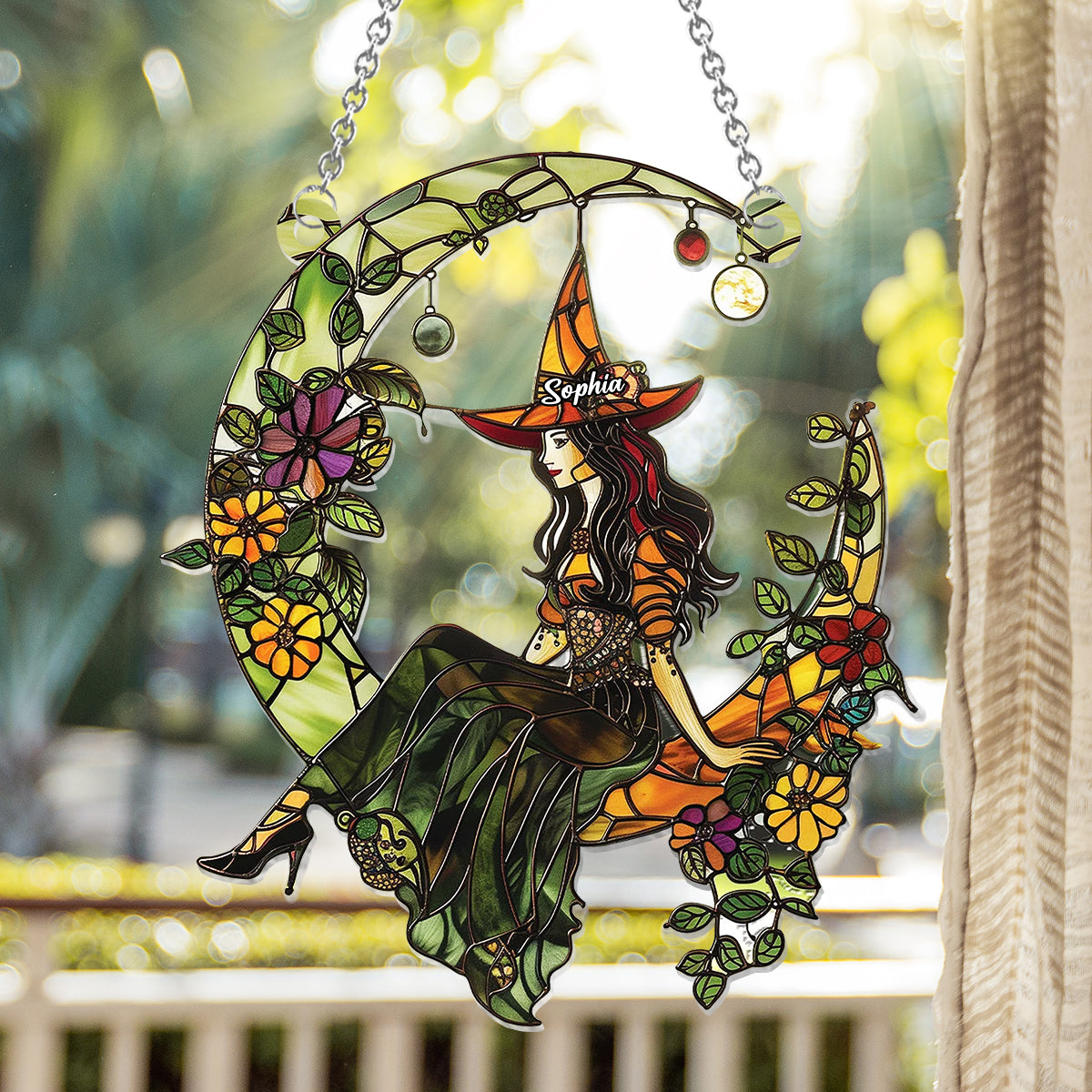 Witch And Moon - Personalized Witch Window Hanging Suncatcher Ornament