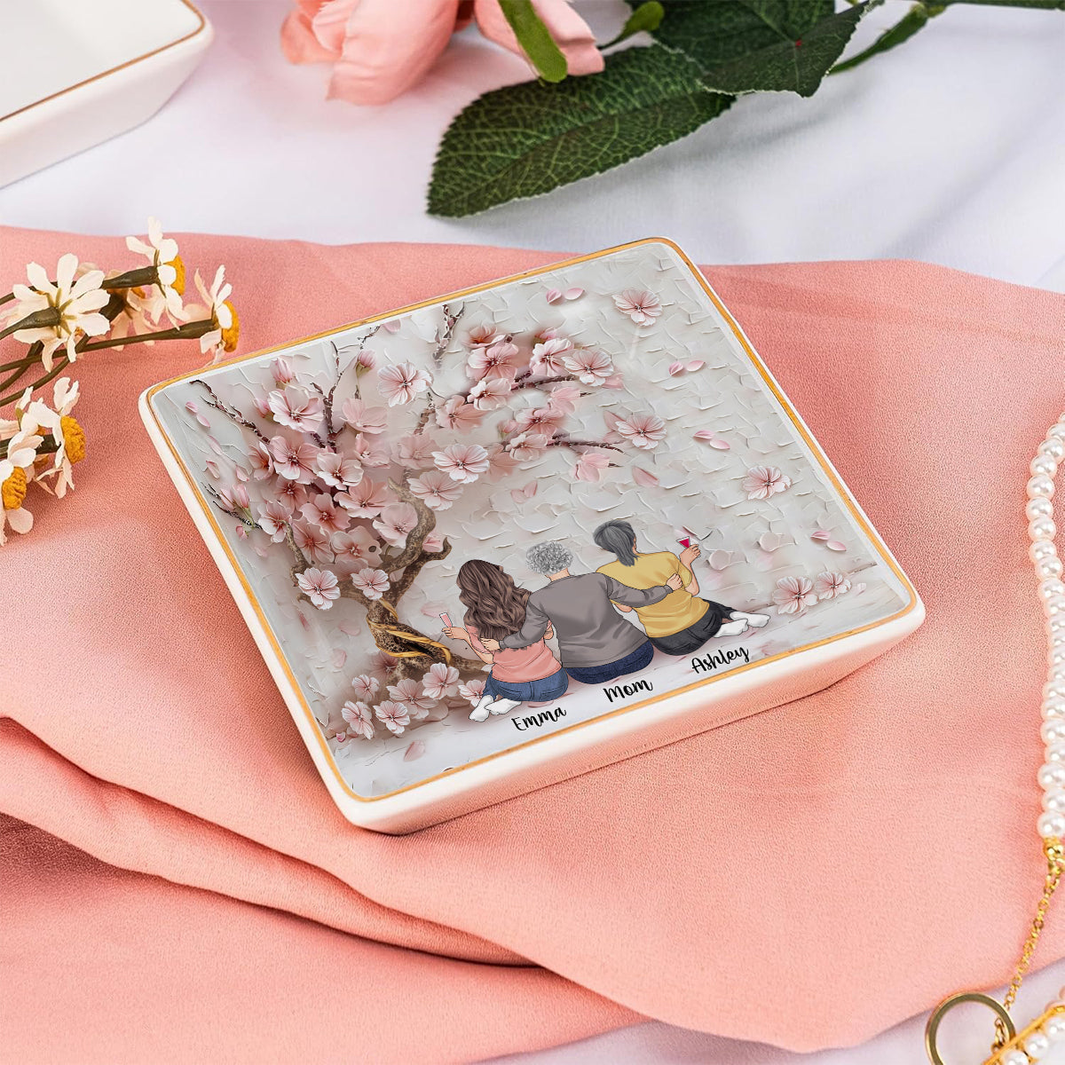 Mother And Daughters Forever Linked Together - Personalized Mother Fully Printed Jewelry Dish