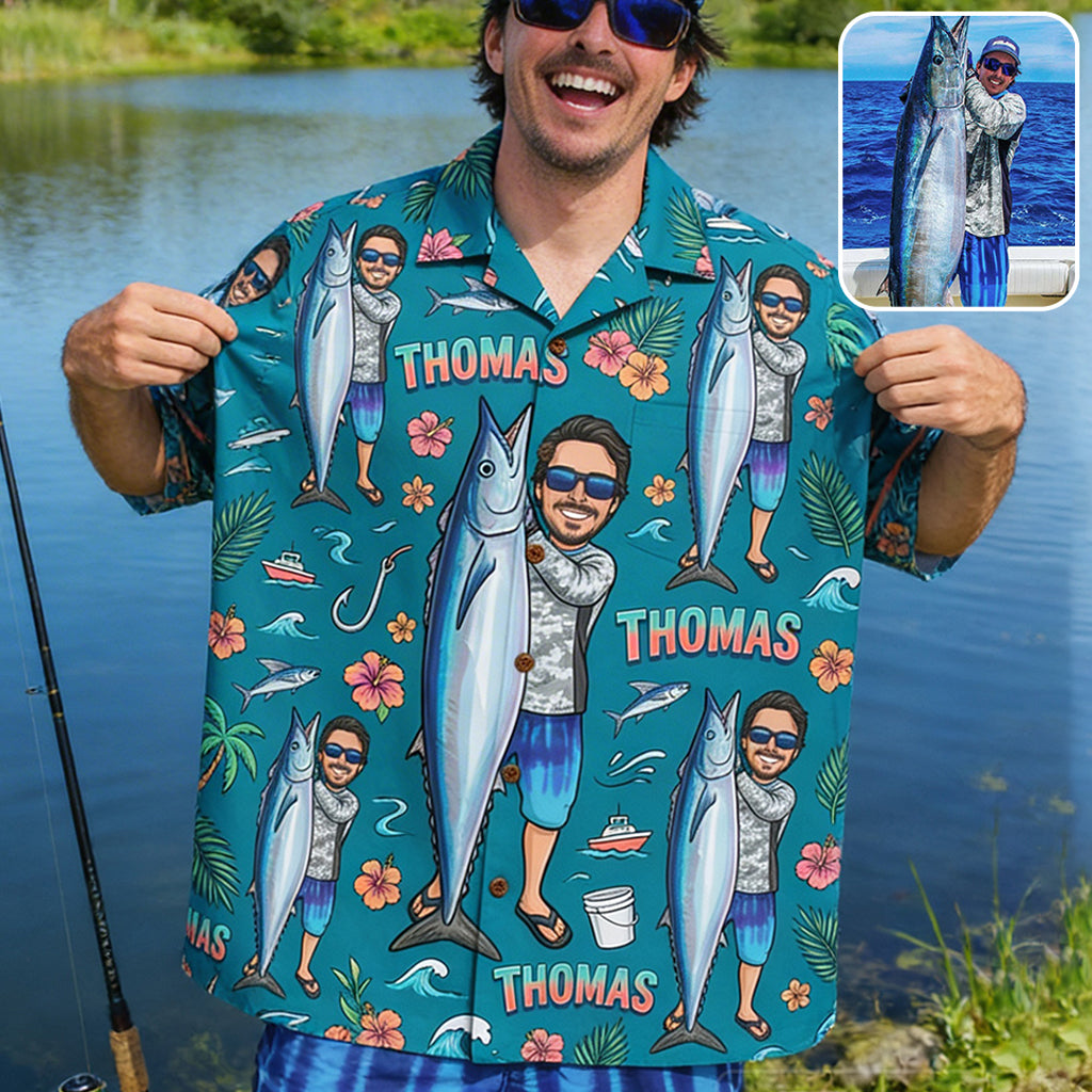 Funny Caricature Hawaiian Shirt For Him/Husband/Dad... - Personalized Fishing Hawaiian Shirt