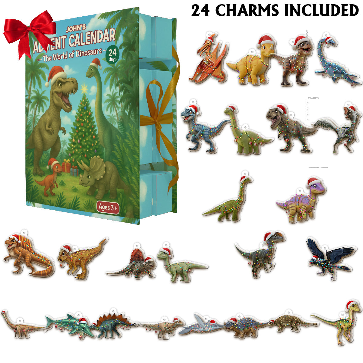 Dinosaur 2025 Advent Calendar - Personalized Dinosaur Folded Advent Calendar With Ornaments