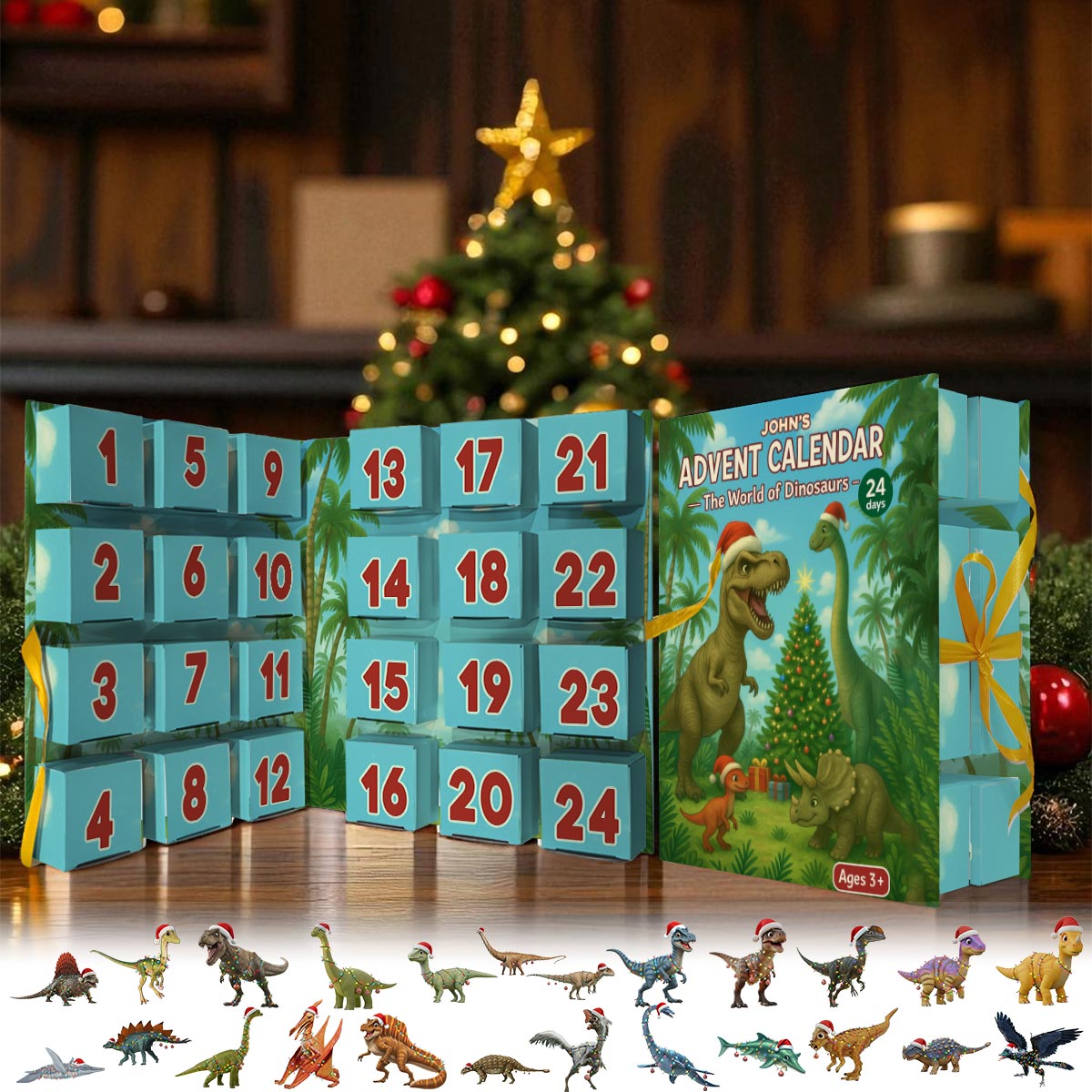 Dinosaur 2025 Advent Calendar - Personalized Dinosaur Folded Advent Calendar With Ornaments
