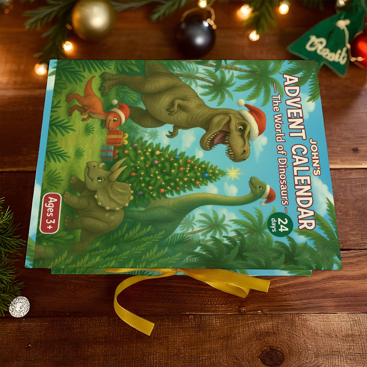 Dinosaur 2025 Advent Calendar - Personalized Dinosaur Folded Advent Calendar With Ornaments