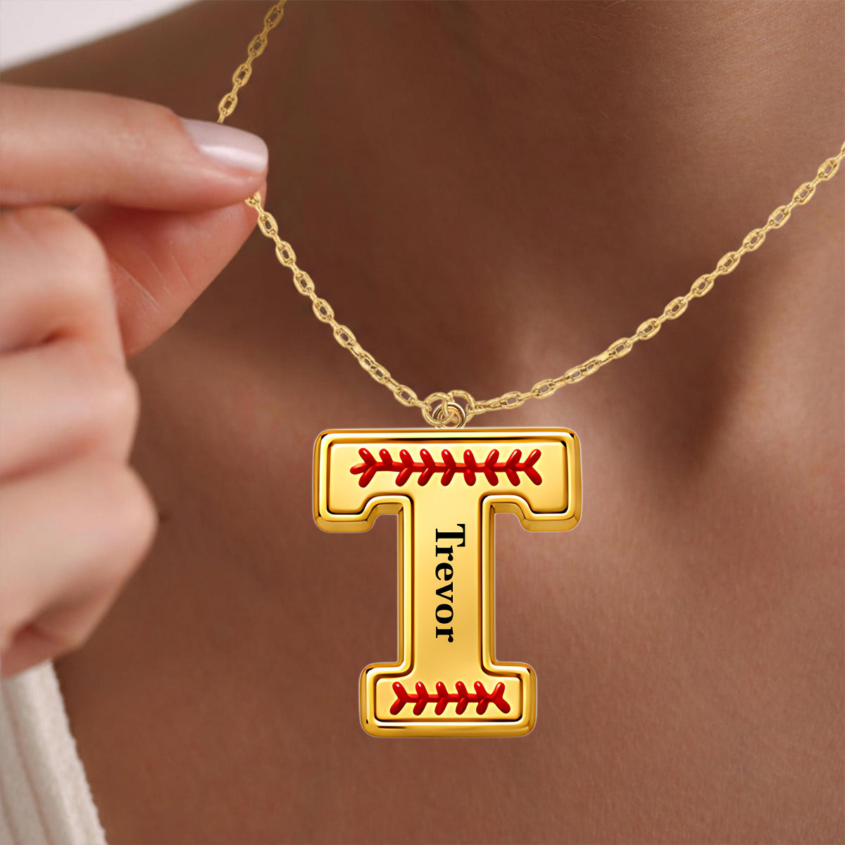 Love Baseball Initials - Personalized Baseball Shaped Metal Pendant Necklace