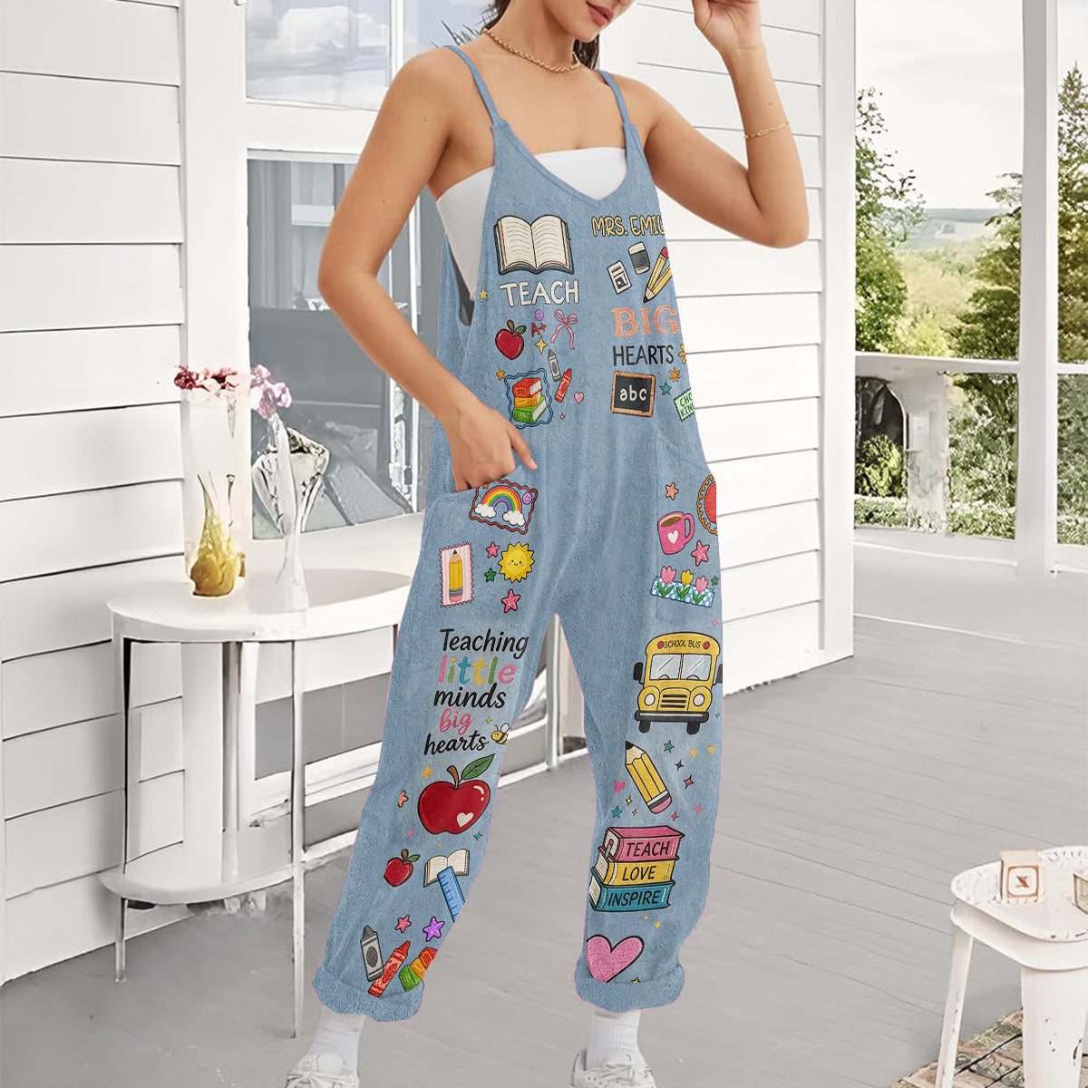 Big Hearts - Personalized Teacher Loose-Fit Overalls/ Rompers