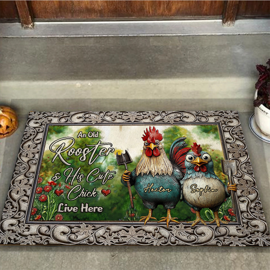 An Old Rooster & His Cute Chick Live Here - Personalized Chicken Doormat