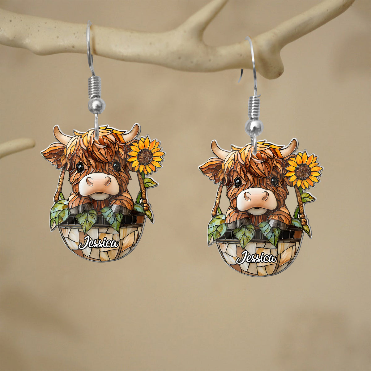 Cute Highland Cow And Sunflower - Personalized Highland Cow Earrings