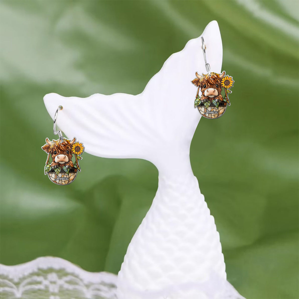 Cute Highland Cow And Sunflower - Personalized Highland Cow Earrings