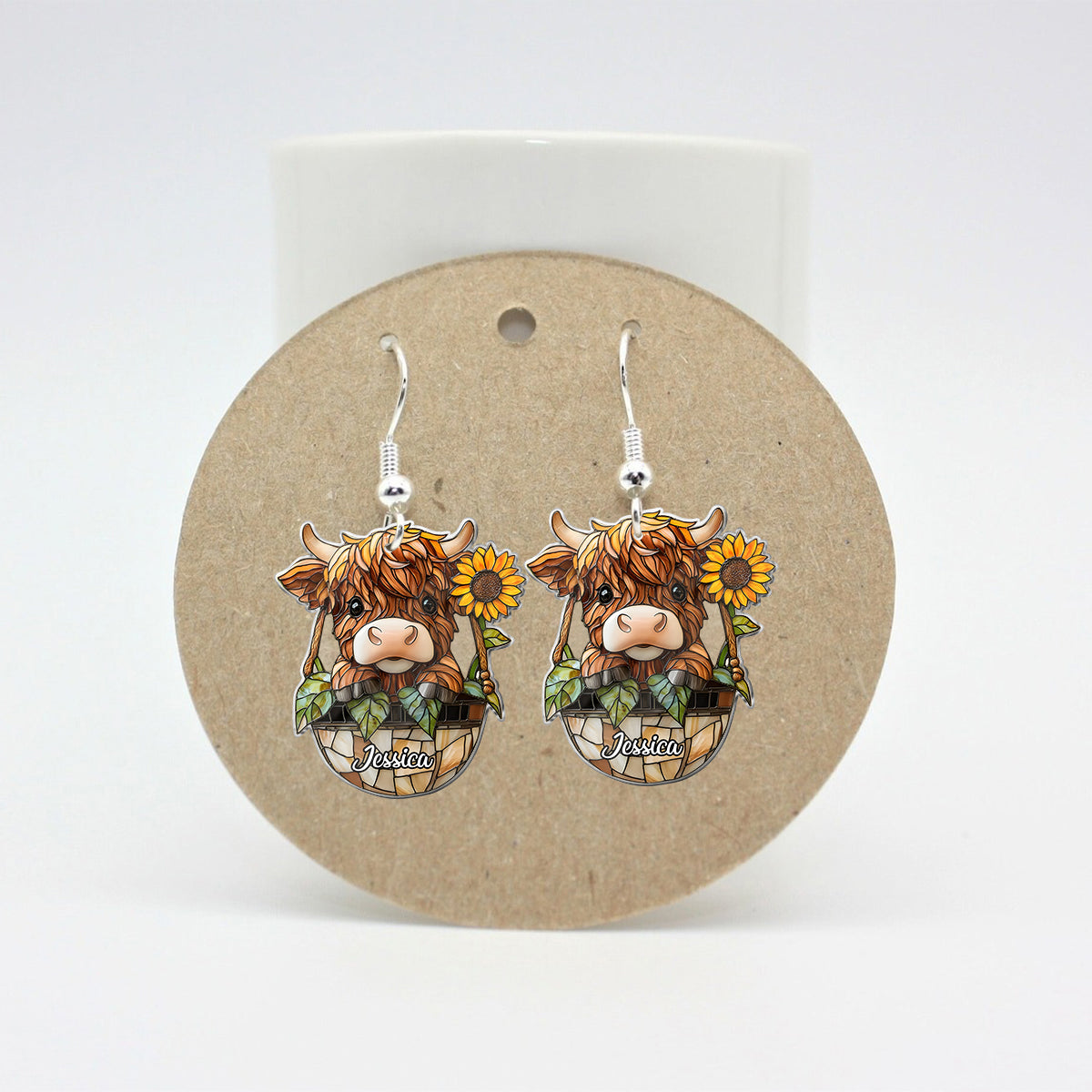 Cute Highland Cow And Sunflower - Personalized Highland Cow Earrings