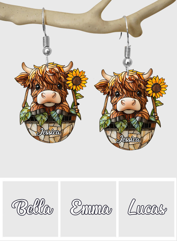 Cute Highland Cow And Sunflower - Personalized Highland Cow Earrings