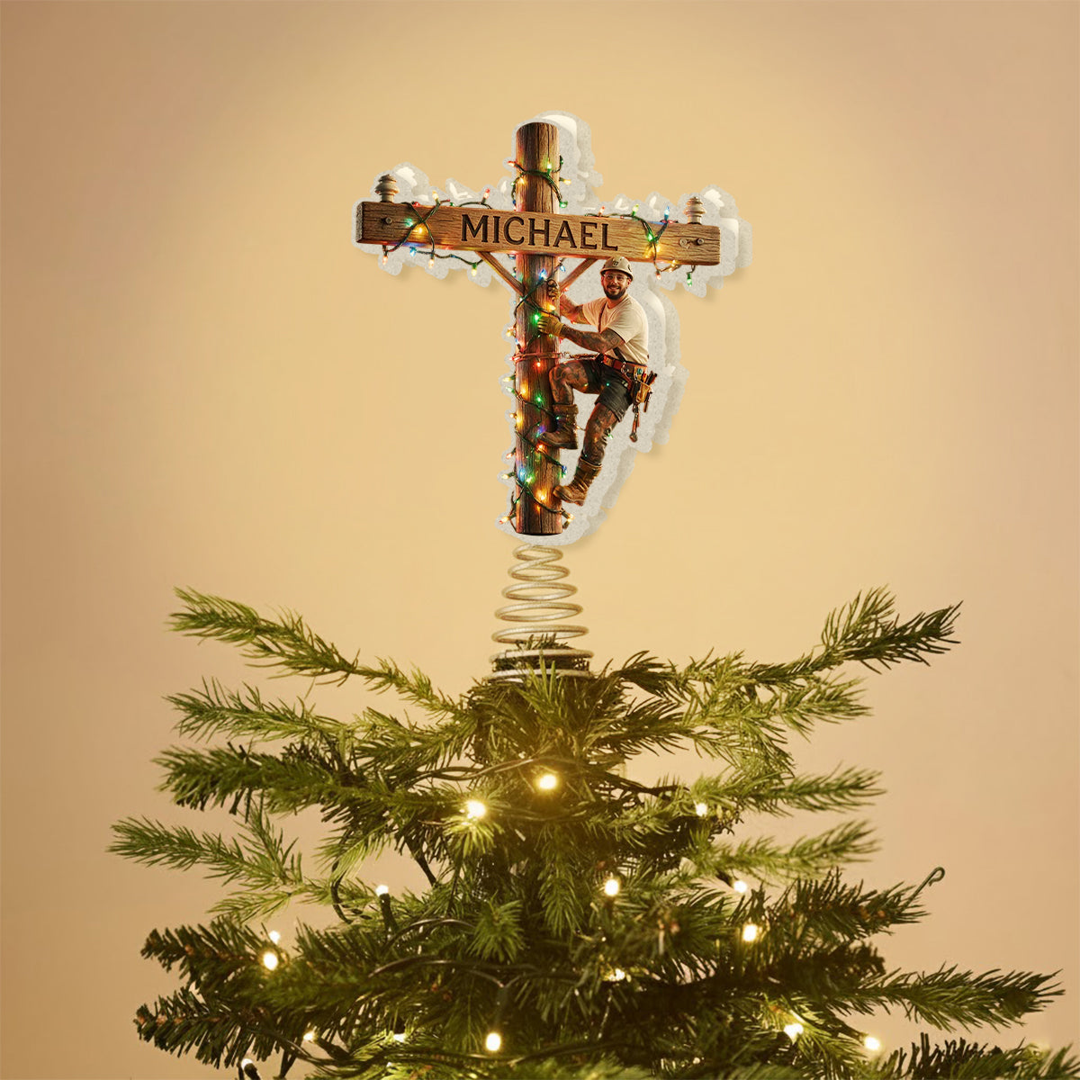 Light Up The Christmas - Personalized Lineman LED Light Tree Topper