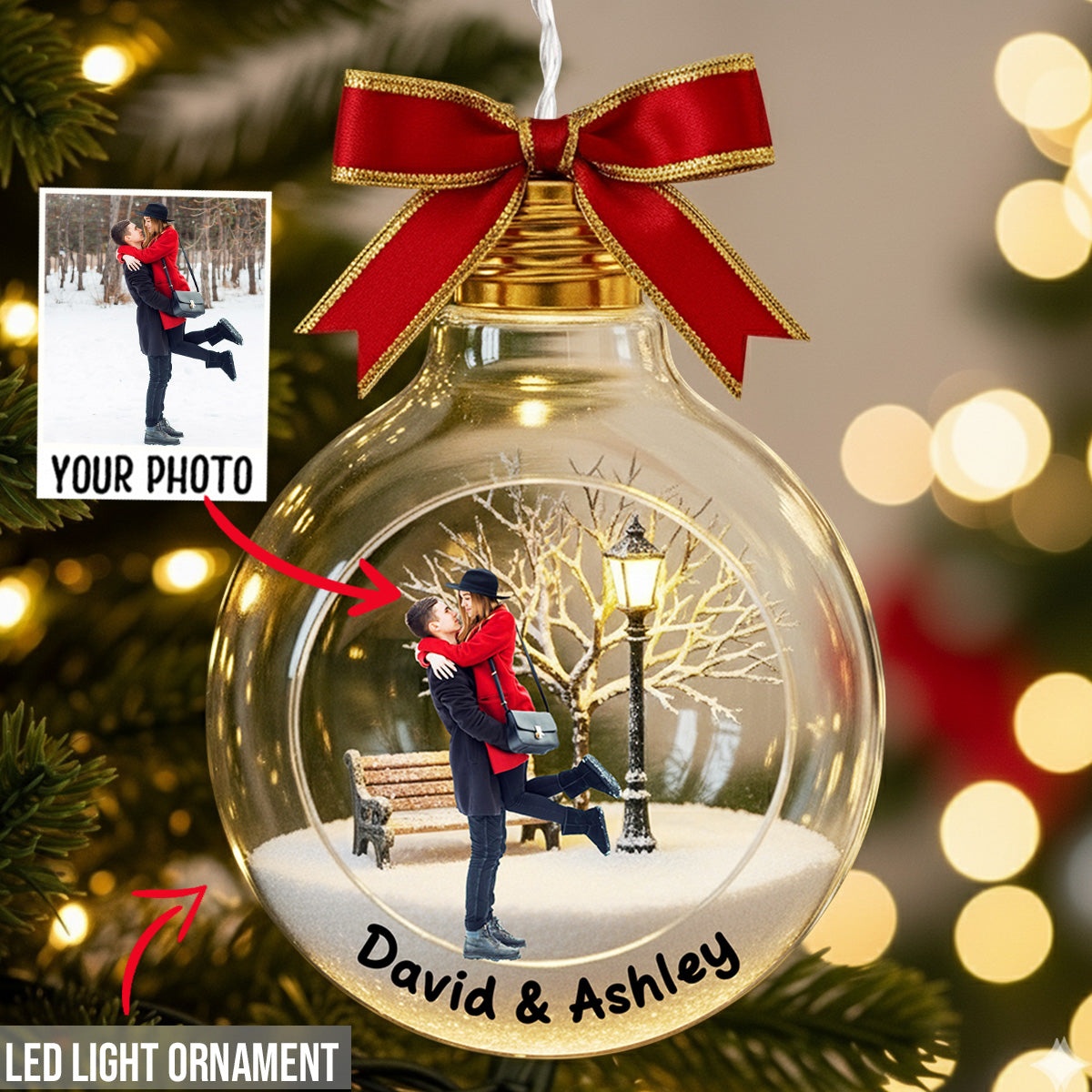 Custom Photo Gift For Holiday - Personalized Couple LED Light Ornament