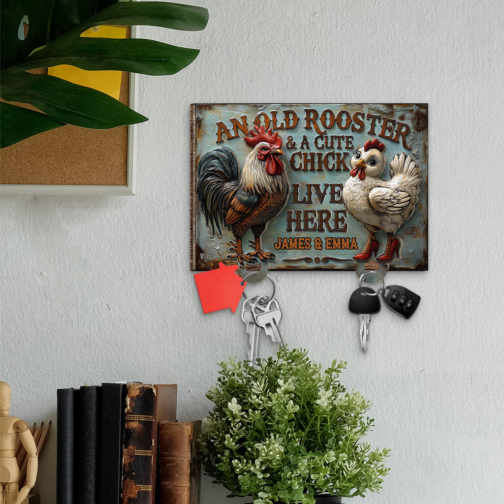 An Old Rooster & A Cute Chick Live Here - Personalized Farmer Key Holder