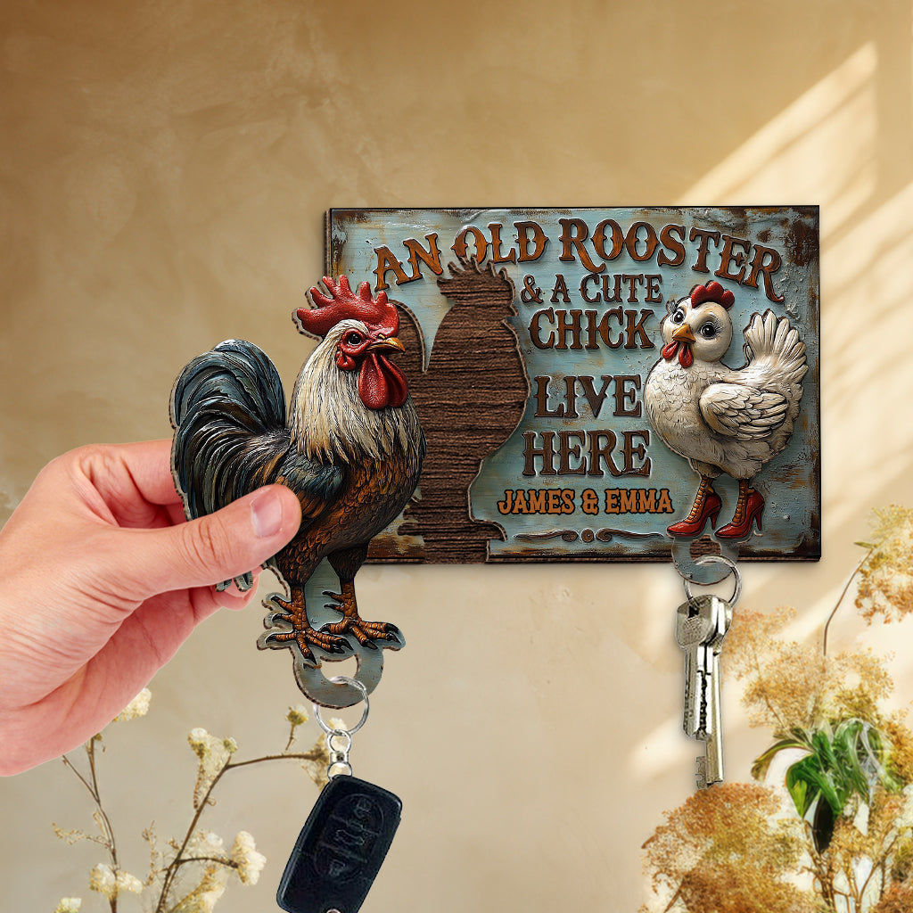 An Old Rooster & A Cute Chick Live Here - Personalized Farmer Key Holder