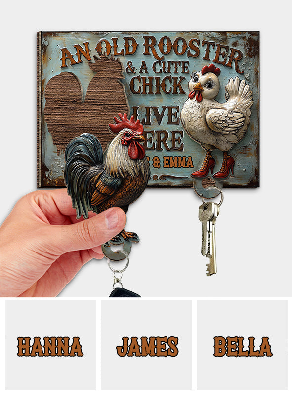 An Old Rooster & A Cute Chick Live Here - Personalized Farmer Key Holder
