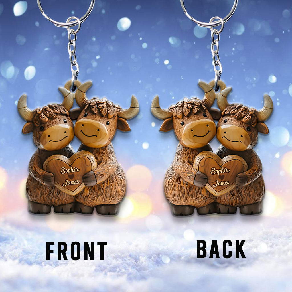 Cute Highland Cow Couple - Personalized Highland Cow Keychain