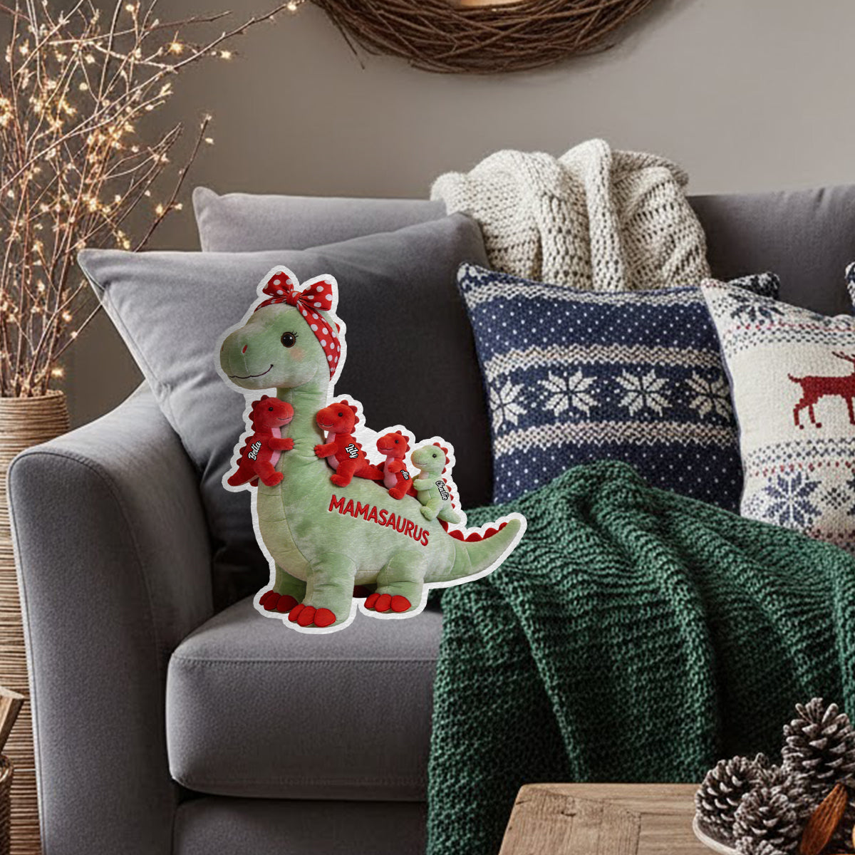 Mamasaurus Gift For Mom Grandma - Personalized Mother Faux Fur Shaped Pillow