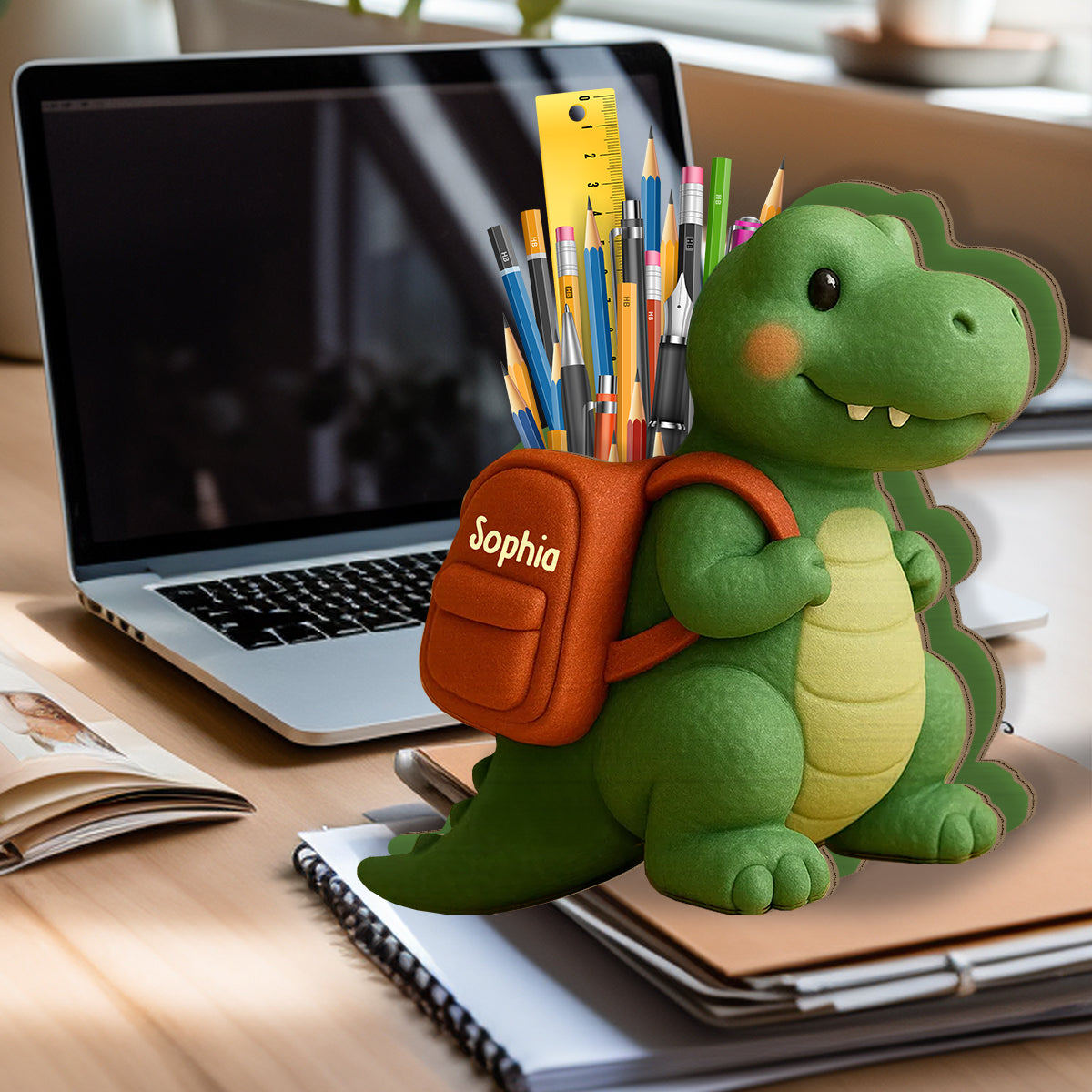 Playful Dinosaur Back To School Gift - Personalized Kid Wooden Pen Holder
