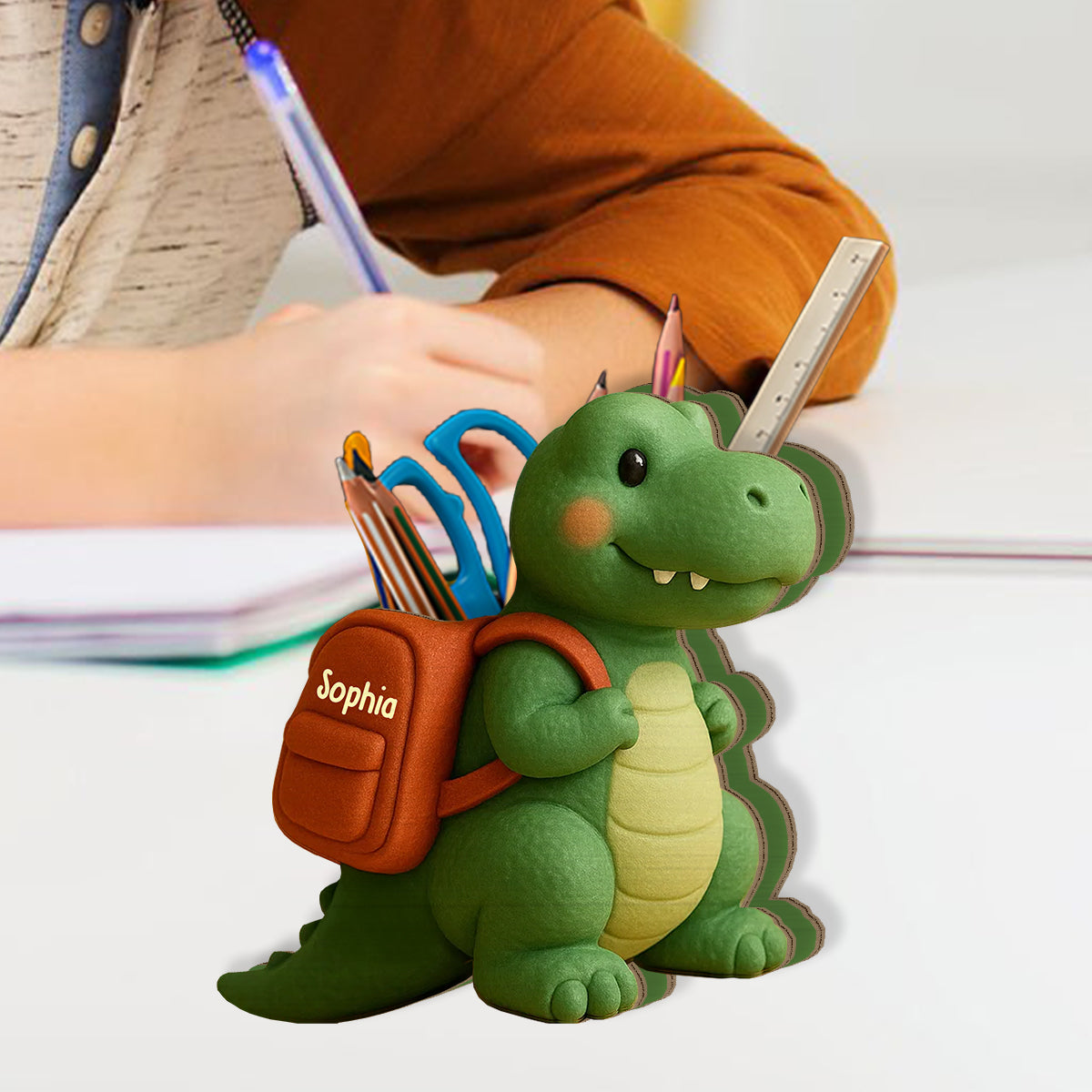 Playful Dinosaur Back To School Gift - Personalized Kid Wooden Pen Holder