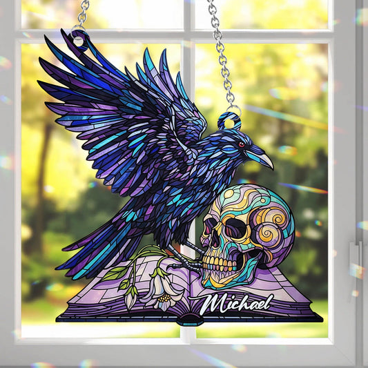 Magical Raven Skull - Personalized Skull Window Hanging Suncatcher Ornament