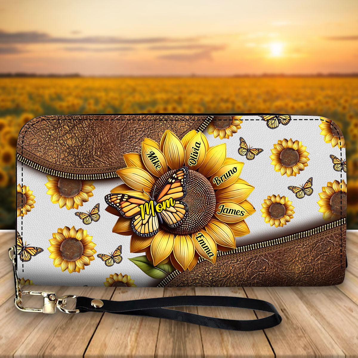 Beautiful Sunflower Gift For Mom, Grandma - Personalized Mother Leather Long Wallet