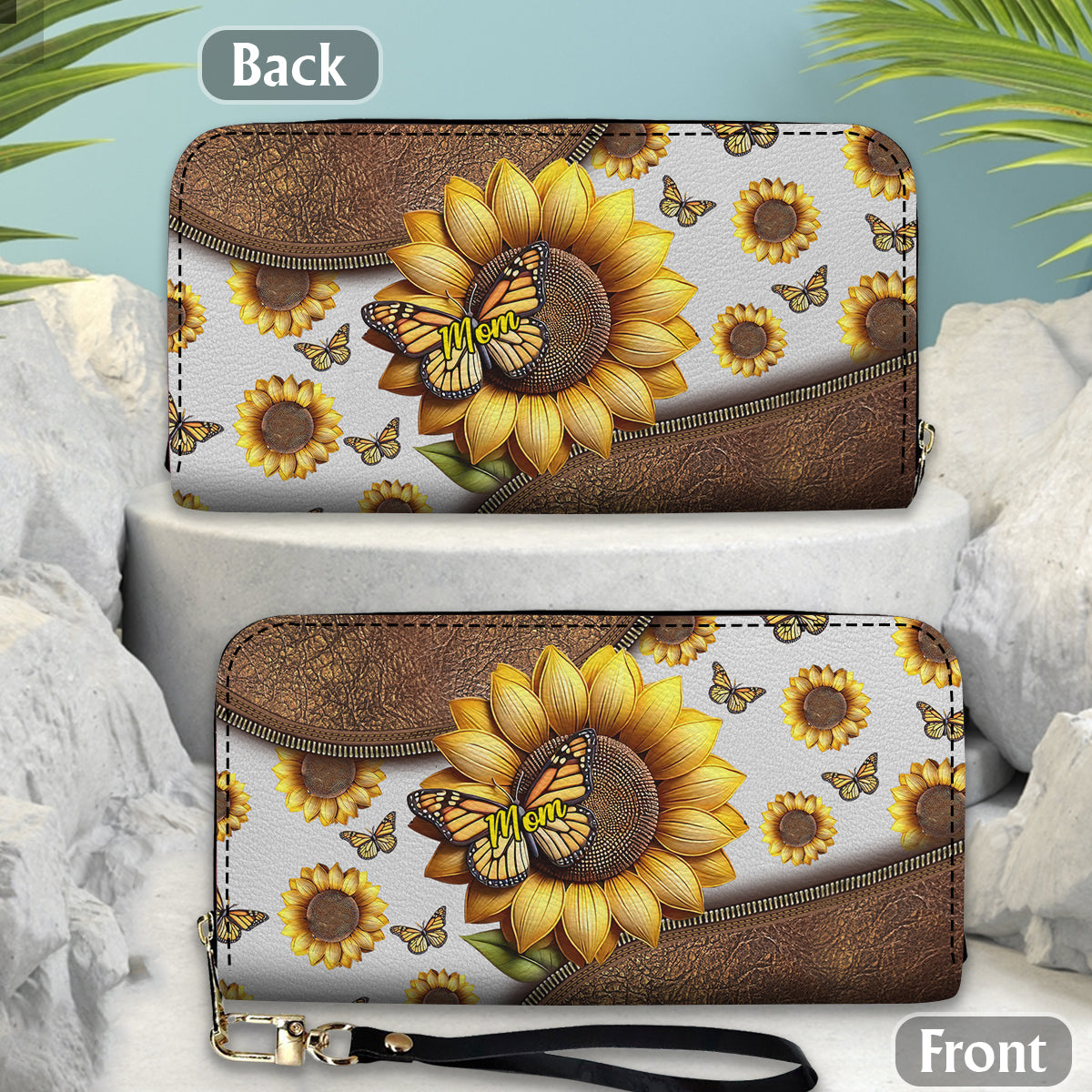 Beautiful Sunflower Gift For Mom, Grandma - Personalized Mother Leather Long Wallet