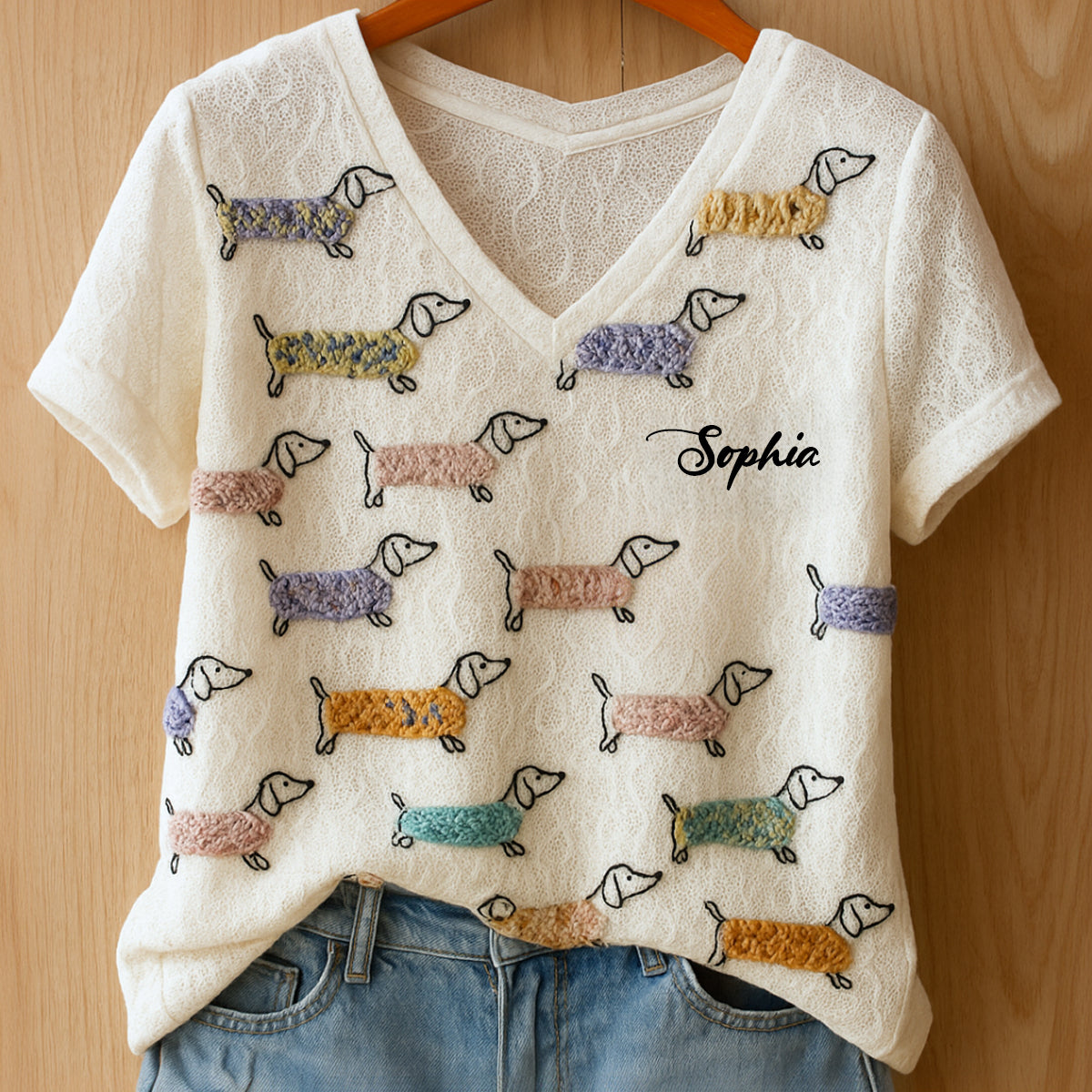 Lovely Dachshunds - Personalized Dachshund Fully Printed V-Neck T-Shirt