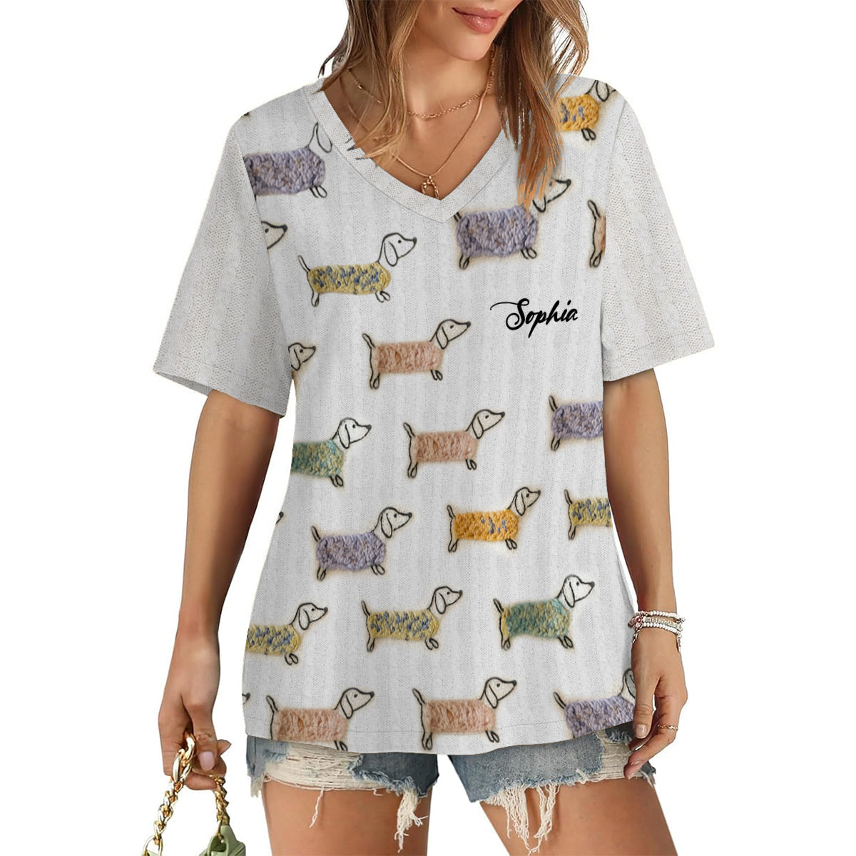 Lovely Dachshunds - Personalized Dachshund Fully Printed V-Neck T-Shirt