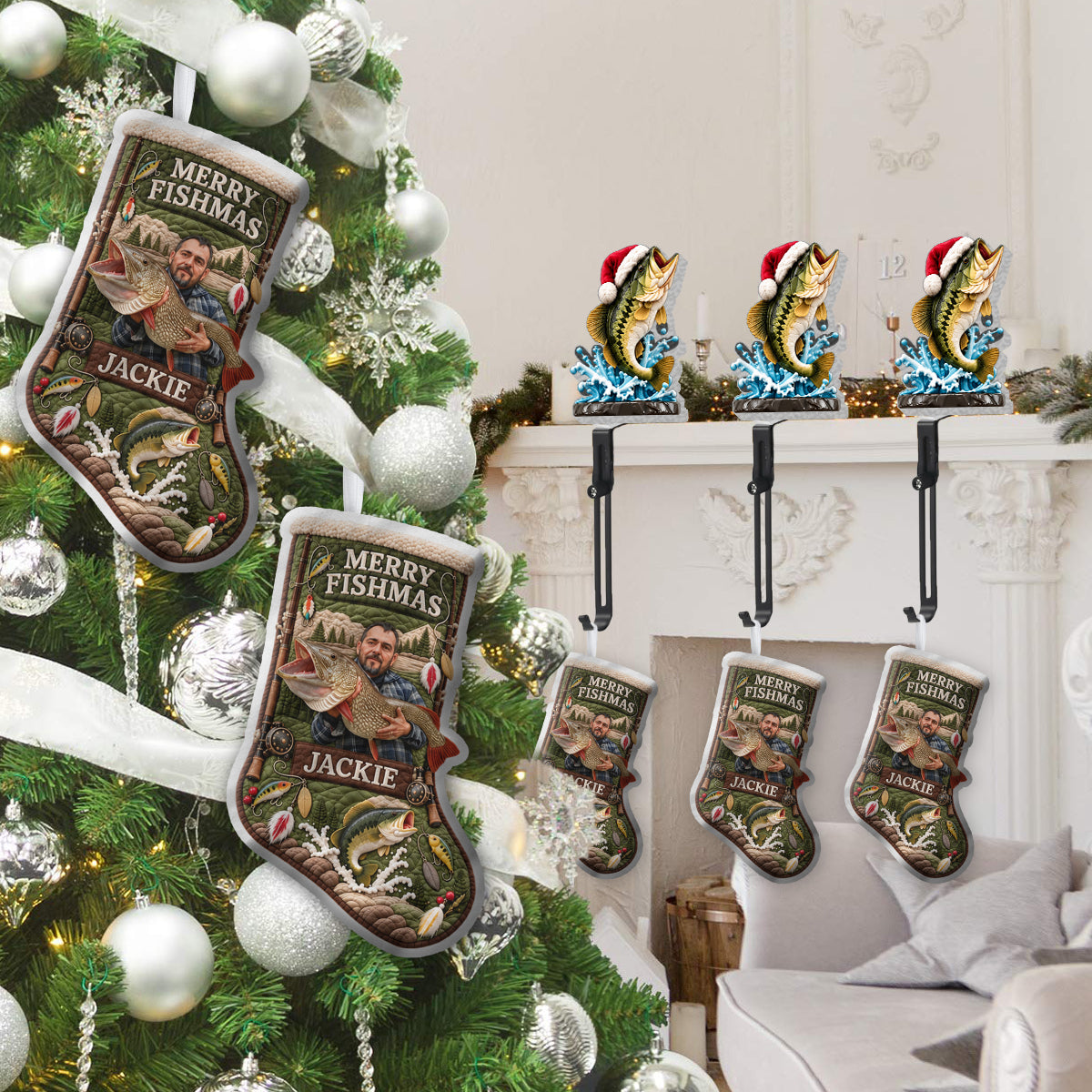 Merry Fishmas Christmas Gift For Fishing Lovers - Personalized Fishing Christmas Stocking With Hanger
