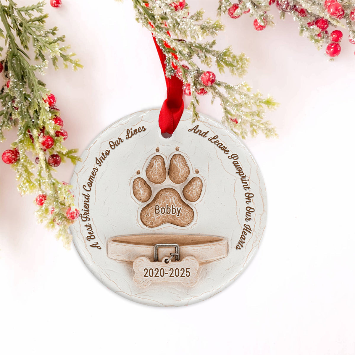 Pawprints On Our Hearts - Personalized Dog Ceramic Circle Ornament