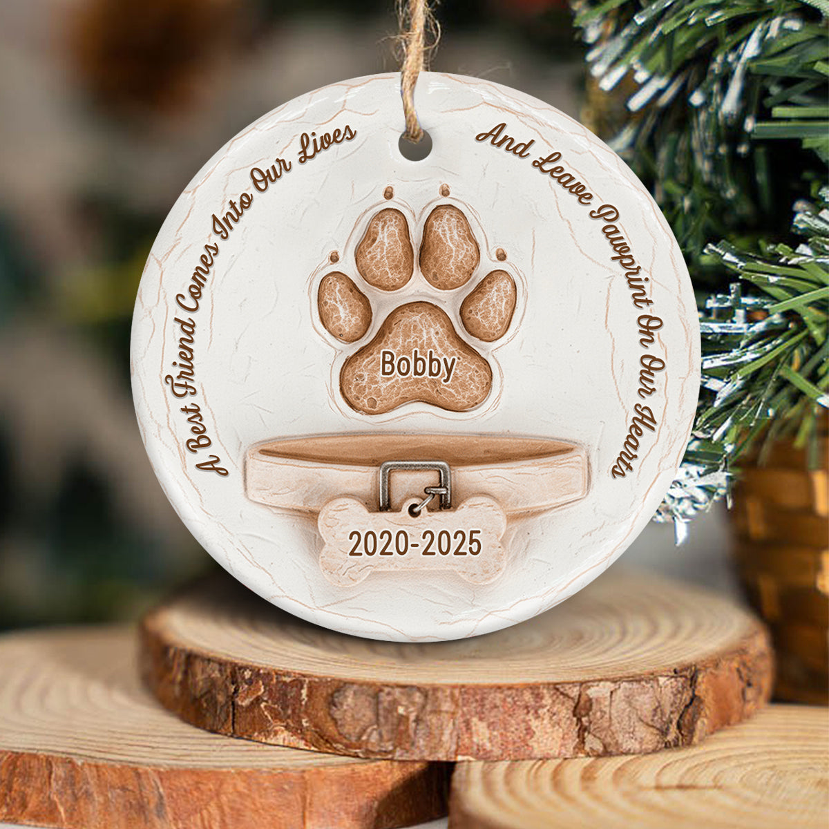 Pawprints On Our Hearts - Personalized Dog Ceramic Circle Ornament