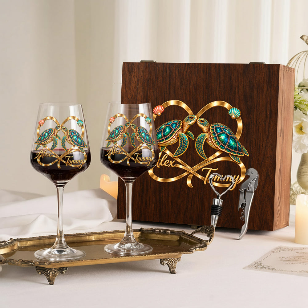Forever Love Turtle Couple - Personalized Turtle Wine Glasses Set With Wooden Box