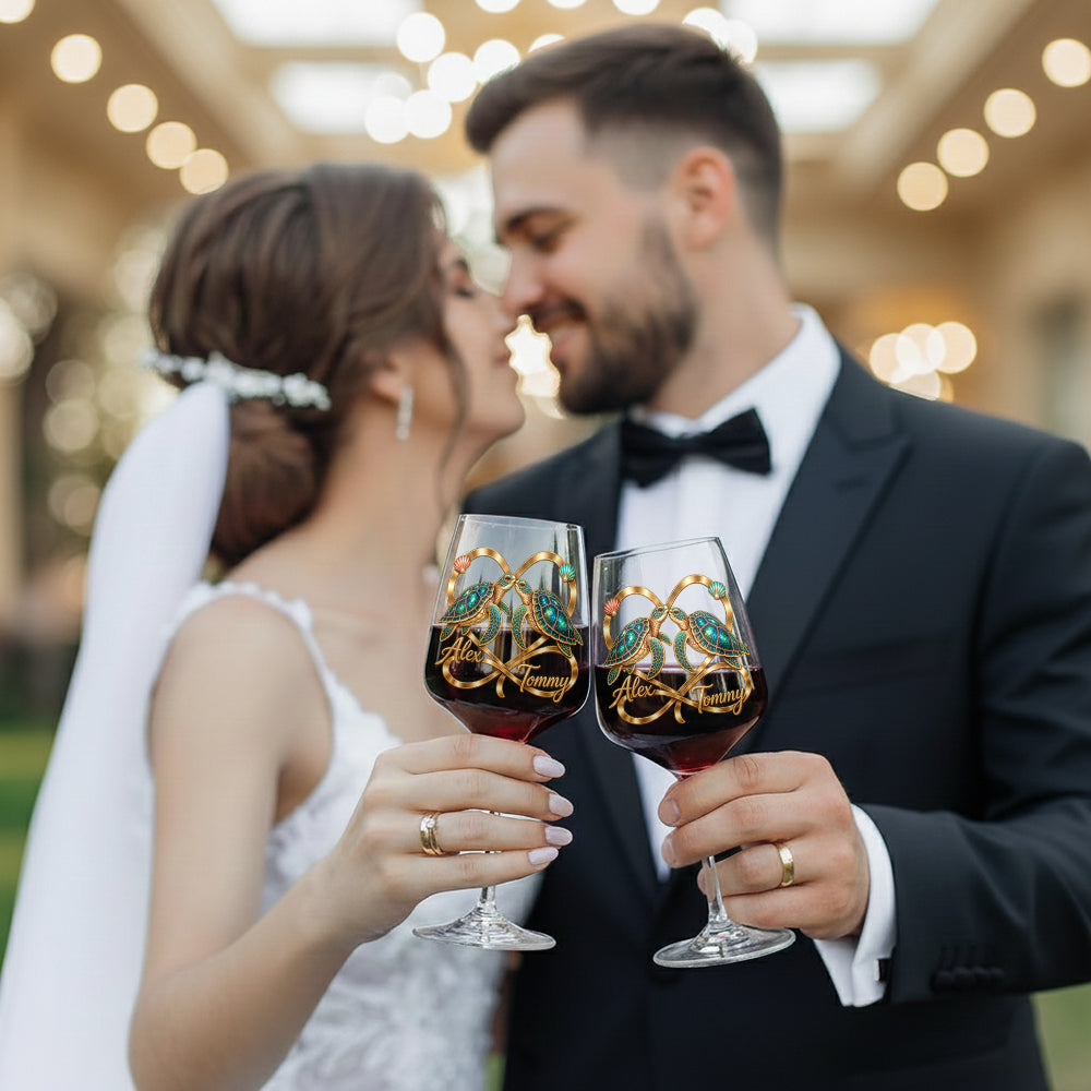 Forever Love Turtle Couple - Personalized Turtle Wine Glasses Set With Wooden Box