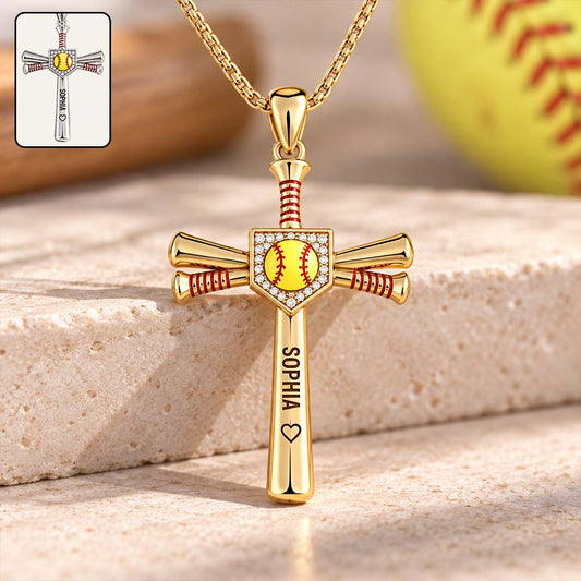 Love God, Play Ball - Personalized Softball Shaped Metal Pendant Necklace