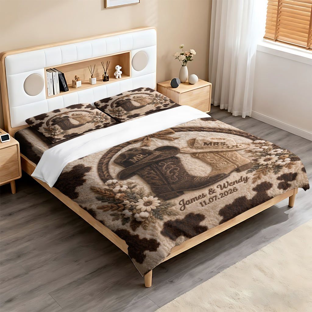 Couple Cowboy Boots And Hat - Personalized Western Outfit Bedding Set