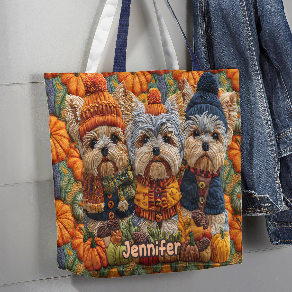 Autumn Dog - Personalized Yorkshire Terriers Quilted Tote Bag