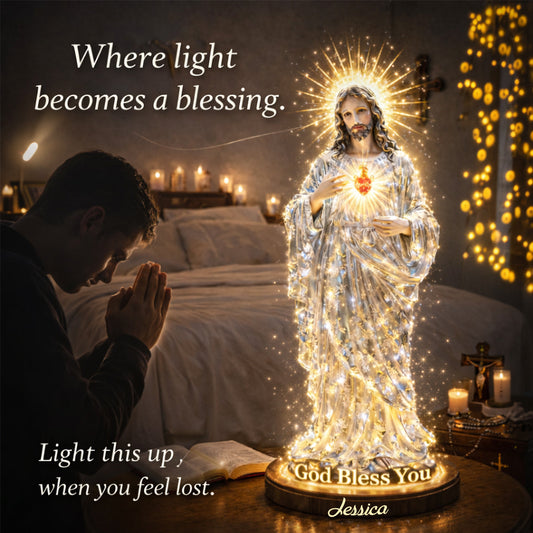 Sacred Heart Of Jesus, God Bless You - Personalized Christian Acrylic LED Night Light