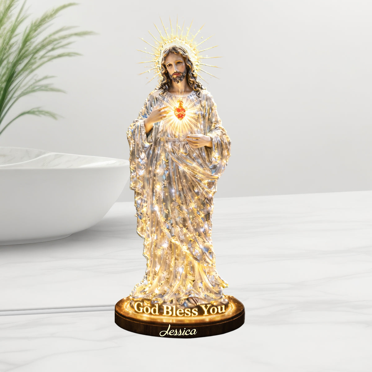 Sacred Heart Of Jesus, God Bless You - Personalized Christian Acrylic LED Night Light